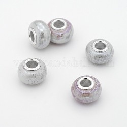 Rondelle Handmade Porcelain Large Hole European Beads, with Platinum Plated Brass Double Cores, Ghost White, 15x10mm, Hole: 5mm