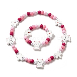 Ensemble de bijoux en bois d'érable et acrylique, collier de perles et bracelet extensible pour enfants, forme de chat, bracelet : diamètre intérieur : 1-5/8 pouce (4 cm), collier : 15-3/4 pouce (40 cm)