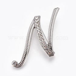 Broches en alliage, avec strass, lettre, letter.n, platine, 51x42x3.5mm, pin: 1 mm