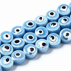 Handgemachte Porzellan-Keramik-Perlenstränge, hell glasierten Porzellan, flach rund mit bösen Blick, Verdeck blau, 8x5 mm, Bohrung: 1.5 mm, ca. 40 Stk. / Strang, 12.01 Zoll (30.5 cm)