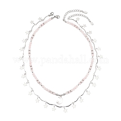 2 stücke 2 stil legierung mond & sterne charme halsketten set, Natürliche rosa Opal- und synthetische Hämatit-Perlen, stapelbare Halsketten für Frauen, rosa, 17.13~19.72 Zoll (43.5~50.1 cm), 1pc / style