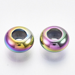 Revestimiento iónico (ip) 201 perlas de acero inoxidable, con goma en el interior, bolas de deslizador, de abalorios del tapón, rerondana plana, color del arco iris, 8x4mm, agujero: 4 mm, agujero de goma: 2 mm