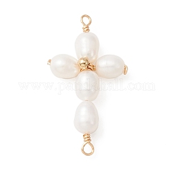 Grade AA Natural Cultured Freshwater Pearl Copper Wire Wrapped Connector Charms, Cross Links, Golden, 34.5x19x6.5mm, Hole: 1.6mm