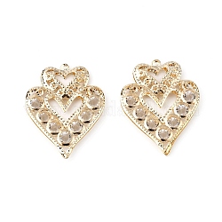 Iron Crystal Rhinestone Pendants, Double Heart, Light Gold, 50x39.5x7mm, Hole: 2mm