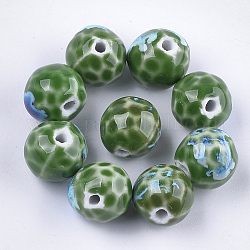 Perline porcellana fatto a mano, fantasia antico porcellanato smaltato, tondo, verde, 16~16.5x15.5~16x15~16mm, Foro: 2.5~3 mm