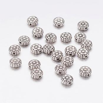 Perles en alliage de style tibétain, sans plomb & sans nickel & sans cadmium , fleur, idéal pour la fabrication de cadeaux pour la fête des mères, argent antique, environ 7.5 mm de diamètre, épaisseur de 3.5mm, Trou: 1mm