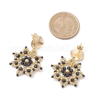 Серьги-гвоздики с цветком из стеклянных бусин ручной работы EJEW-MZ00570-01-1