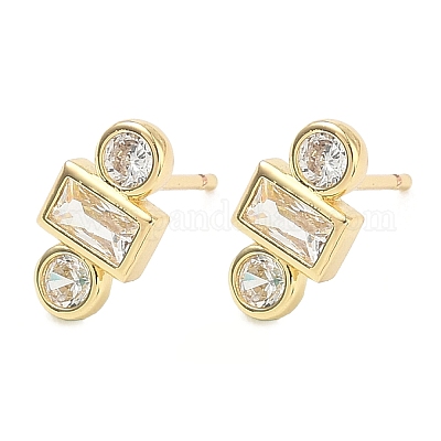 Серьги-гвоздики с квадратом и круглыми плоскими латунными кристаллами с микропаве из прозрачного кубического циркония EJEW-G452-12G-1