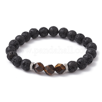 Круглые эластичные браслеты из натурального лавового камня и смешанных драгоценных камней BJEW-JB09774-1