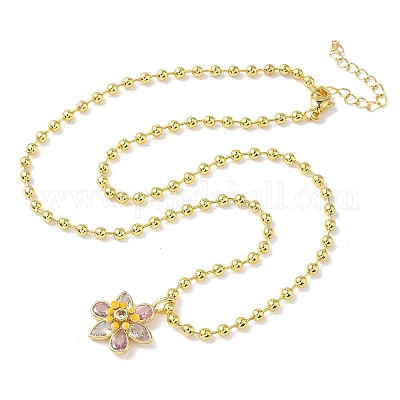 Латунные подвески в форме цветка с розовым и прозрачным кубическим цирконием и эмалевым паве NJEW-G183-04G-1