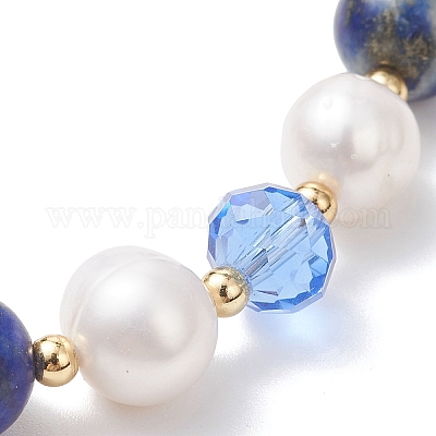 Эластичные браслеты из бусин натурального лазурита и культивированного пресноводного жемчуга BJEW-JB12856-01-1