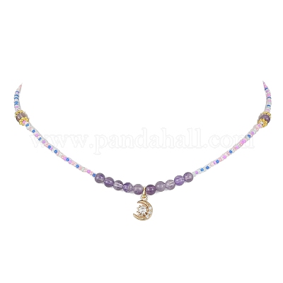 Ожерелье с подвеской в виде луны из латуни с микропаве и кубическим цирконием NJEW-JN04424-1