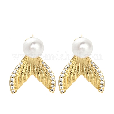 Фурнитура для сережек-гвоздиков из латуни с микропаве из прозрачных кубических цирконий в форме рыбьего хвоста KK-D102-06G-1