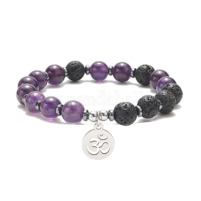 Эластичный браслет из смеси натуральных и синтетических драгоценных камней и бусин лавового камня BJEW-JB09320-1