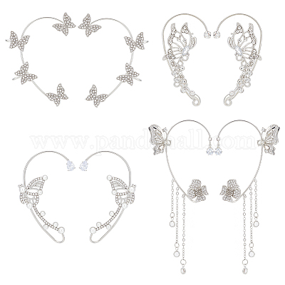 4 пара двухцветных серег-каффов в форме бабочек из сплава со стразами EJEW-AN0003-81-1