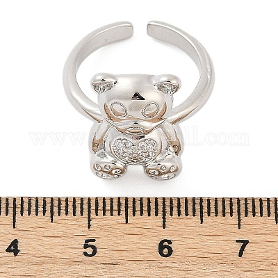 Открытые кольца-манжеты с медведем из латуни с микропаве из прозрачных кубических цирконий для женщин RJEW-G343-04P-1