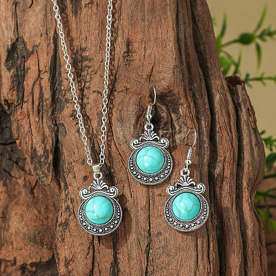 Комплекты из ожерелий и серег-подвесок из цинкового сплава и синтетической бирюзы в этническом стиле WG7E01E-04-1