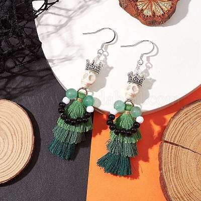 Серьги-подвески с кисточками из окрашенной синтетической бирюзы EJEW-TA00420-1