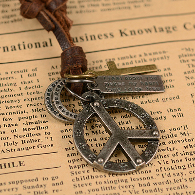 Знак мира и прямоугольник со словом и крест регулируемые кожаные сплава кулон ожерелье NJEW-K032-AS-1