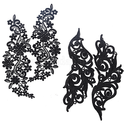 Pair of Black Flower Lace Appliques