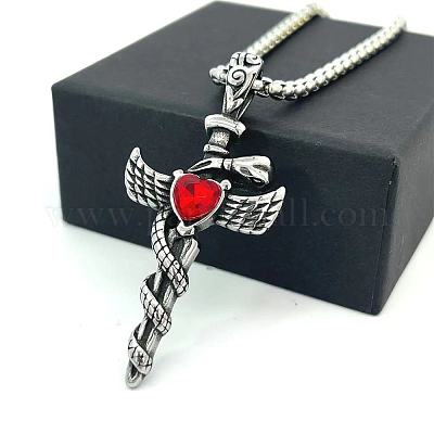 Ожерелья из нержавеющей стали с рубиновыми стразами в виде крылатой палочки QK0929-1