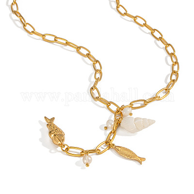 Модные ожерелья-цепочки с подвеской в виде рыбьей раковины и жемчуга из нержавеющей стали 304 в стиле отпуска для женщин YX3127-1