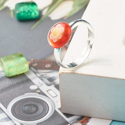 Цветочное плоское круглое регулируемое кольцо миллефиори из стекла&nbsp;RJEW-JR00407-1