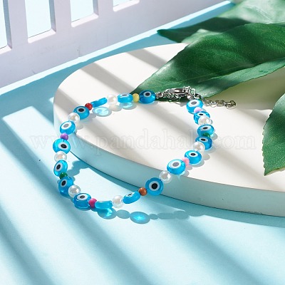 Женские ножные браслеты из бисера ручной работы с лэмпворком от сглаза AJEW-AN00477-1