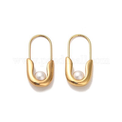 Овальные пластиковые серьги-кольца с имитацией жемчуга EJEW-P316-16G-1