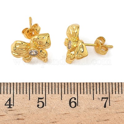 Серьги-гвоздики с бантом из латуни с микропаве из прозрачных кубических цирконий EJEW-A145-02A-G-1