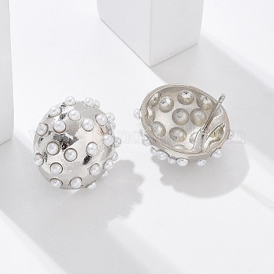 Полукруглые серьги-гвоздики из латуни и искусственного жемчуга ABS EJEW-M077-07P-1