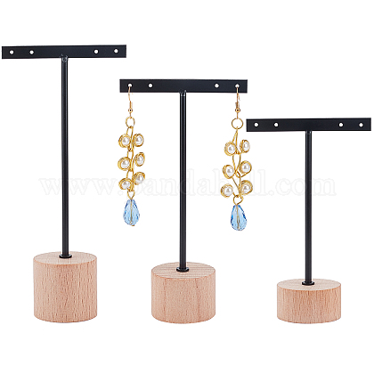 FINGERINSPIRE 3 Pcs Black Metal T Bar Earring Display Stand with Wooden Round Base 4 Holes Earrings T Stand Hanging Earring Organizer for Store Retail Photography Props（12 & 14 & 16 cm Height） EDIS-WH0006-24-1
