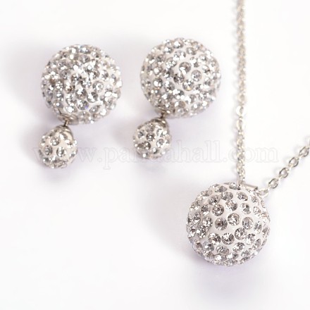 Iron Chain with Polymer Clay Rhinestone Pendant Necklaces and Ball Stud Earrings Jewelry Sets SJEW-L396-03B-1