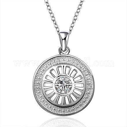 Silver Plated Brass Cubic Zirconia Flat Round Pendant Necklaces NJEW-BB07982-1