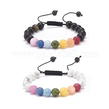 2Pcs 2 Style Natural Howlite & Golden Sheen Obsidian & Mixed Stone Round Braided Bead Bracelets Set for Women BJEW-JB08385-1