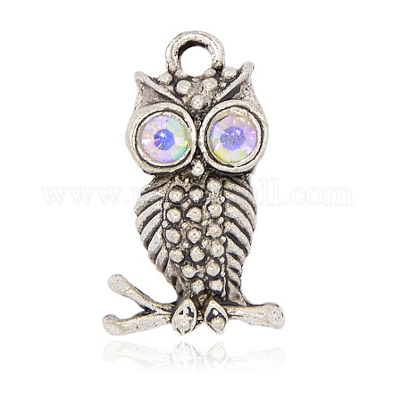 Antique Silver Alloy Rhinestone Owl Pendants for Halloween Jewelry ALRI-J058-28AS-1