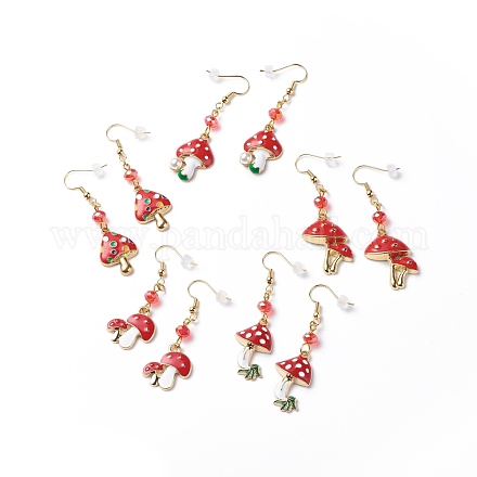 Red Alloy Enamel Mushroom with Glass Beaded Dangle Earrings EJEW-JE05049-1
