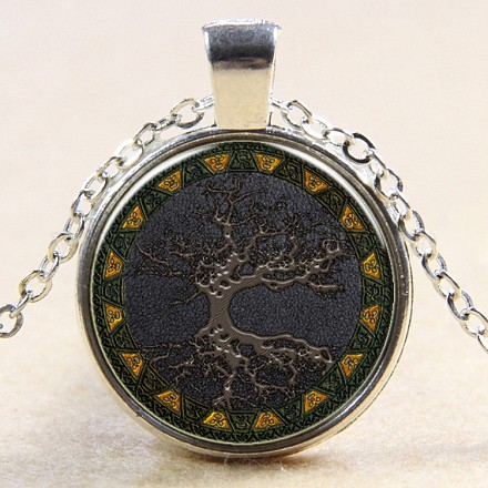 Flat Round with Tree Glass Alloy Pendant Necklaces NJEW-N0051-047D-02-1