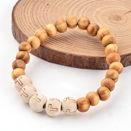 Bois croix bracelets en perles extensibles BJEW-JB02218-1