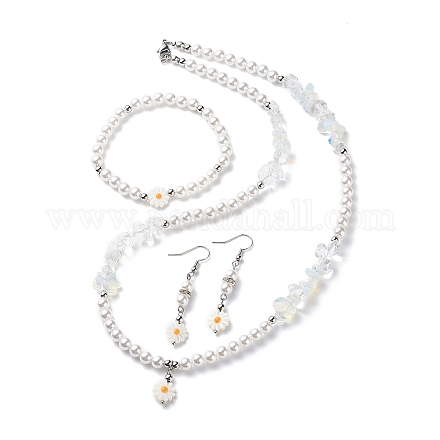 Pendientes colgantes con colgante de margarita de perlas de plástico SJEW-JS01256-1