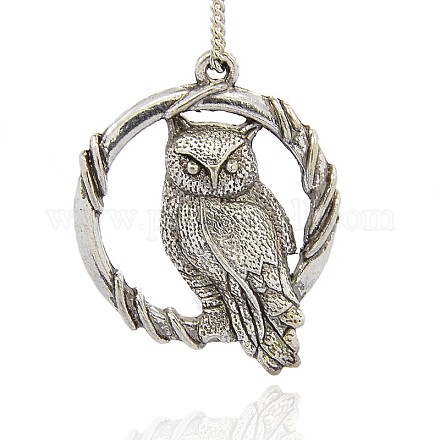 Vintage Antique Silver Tibetan Style Alloy Owl Pendants for Halloween Necklaces PALLOY-J154-87AS-1