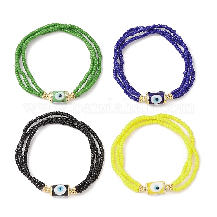 4 pièces 4 couleurs graines de verre triple couche bracelets extensibles ensemble avec chalumeau mauvais œil chalumeau perlé BJEW-TA00286-1