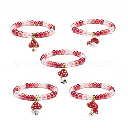 Эластичный браслет из красного стекла и жемчуга с подвеской в виде гриба из сплава эмали для женщин BJEW-JB08711-1
