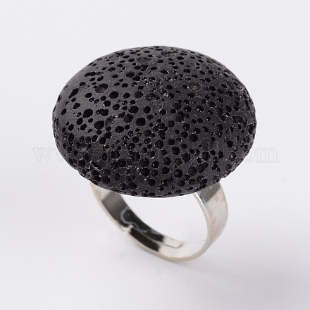 Adjustable Flat Round Lava Rock Gemstone Finger Rings RJEW-I009-10-1