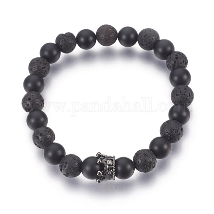 Bracelets extensibles en agate noire naturelle et perles de pierre de lave BJEW-JB03915-02-1