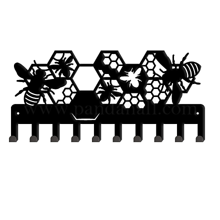SUPERDANT Black Metal Key Holder 10 Hooks Hive and Bees Pattern Wall Mounted Hooks for Bag Clothes Key Hanging Wall Decoration 11.5x25cm HJEW-WH0018-061-1