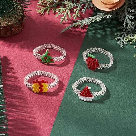 4 шт. рождественские стеклянные бусины кольца для женщин RJEW-MZ00029-1