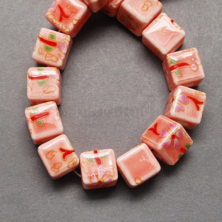 Light Salmon Handmade Printed Porcelain Cube Beads X-PORC-Q159-1-1