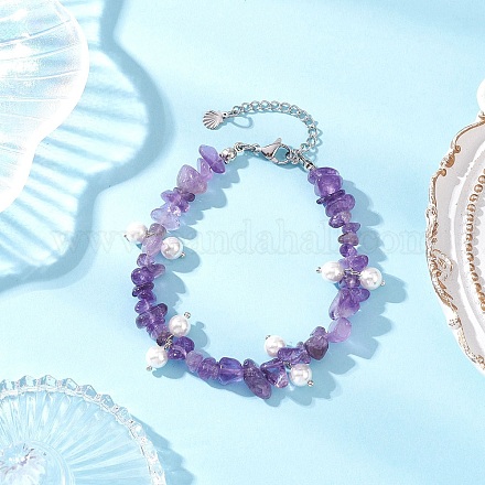 Браслеты из круглых бусин с натуральным аметистом и стеклянными ракушками BJEW-JB12303-02-1