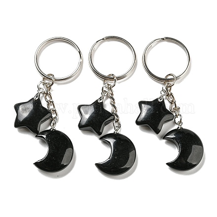 Reiki Natural Obsidian Moon & Star Pendant Keychains KEYC-P015-02P-01-1